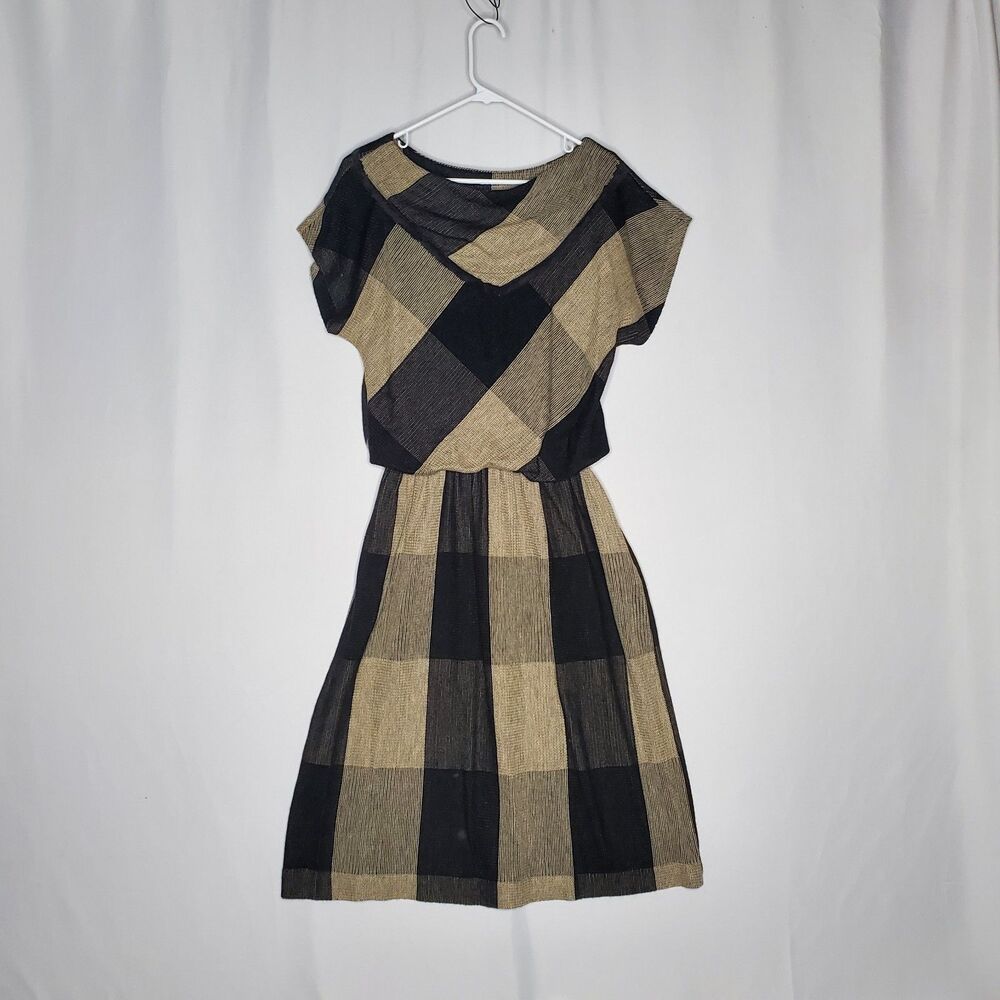 Strait Lane Vtg 60s Plaid Dress Medium Woven Shawl Cowl Pocket Modest Church